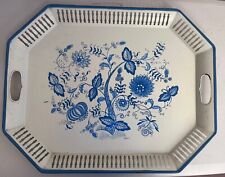 Vintage Large Blue Onion Serving Tray Reticulated Sides Open Handles picture