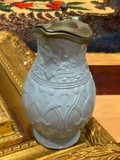 ANTIQUE SYRUP PITCHER PEWTER HINGE LID FINIAL GREEK GOD BLUE STONEWARE 1800S EUC picture