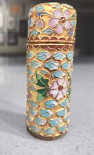 Vintage Cloisonne Enameled Brass Lidded Cylinder Trinket Box Lipstick Holder picture