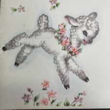 Antique 1940s Birth Of Baby Newborn Greeting Card Kicking Smiling Lamb picture