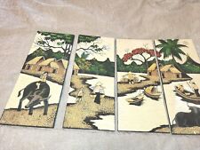 4 Oriental Rectangle Vtg Painted crackle Wall Hangings 19x8 in ea Textured Some picture