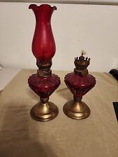 Vtg Pair Of Ruby Red Miniature Kerosene Oil Lamps  picture