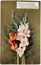 Antique Postcard PMK 1909 Gladiolus & Ferns DON'T WORRY ABOUT THE FUTURE Gold picture