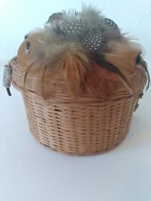 Vintage Hand Woven Basket Real Feathers Leather Strings & Engraved Stones On Lid picture