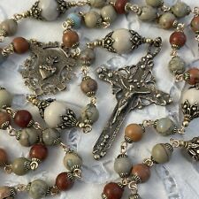 Beautiful Rosary Rustic Sacred Heart  Solid Bronze Opal Jasper Beads Handmade picture