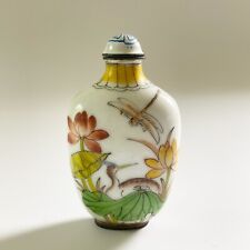 Hand Painted Asian Copper Enamel Snuff Bottle Crane Lotus Dragonfly picture