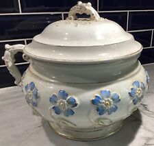 Antique Blue & Gold Victorian Ironstone Chamber Pot w/Lid 10.5” H x 11” W picture