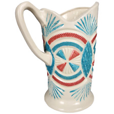 Handmade Pitcher Ceramic Pink Blue White Army 1950s Mid Century 8.1