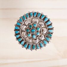 LARGE EARLY ZUNI STERLING PETIT POINT TURQUOISE CLUSTER CIRCLE PIN / BROOCH picture