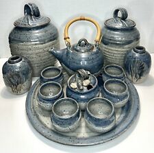 13 Pc. Pottery Set 6 Cups, 1 Tray, 2 Canisters, 1 Sugar Bowl, 1 Teapot, 2 Vases picture