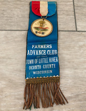 Antique Celluoid Button Pin Tassel Ribbon Farmers Club Oconto Wisconsin picture