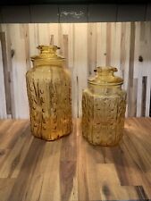 2 Large Imperial Glass Yellow Amber Atterbury Scroll Canister Jar & Lids 12” 10” picture
