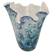 Handblown Fazzoletto  Folded Vase Blues, Teals, Silver White Cased picture