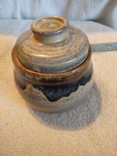 RARE Small 5 1/2 ” Vintage Glazed Stoneware Crock w/ lid signed by EL picture