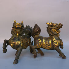 24cm fengshui old copper bronze carved pair qilin kylin lucky gilt big statue picture