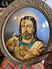 Antique Oval Domed Reverse Convex Glass Picture of Sacred Heart Jesus C.1930’s picture