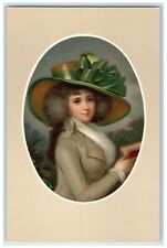 c1910's Pretty Woman Curly Hair Big Hat Green Ribbon Munk Antique Postcard picture