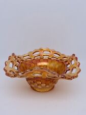 Vintage Fenton Marigold Glass Basket Weave Bowl Open Lattice Rim  2-1/2