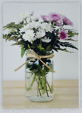 Vintage Greeting Card Chrysanthemum Flowers Mason Jar Vase Unique Art P3 picture