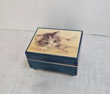 Reuge Movement Teal Blue Wooden Hinged Music Box Kitten & Dragonfly- Fascination picture
