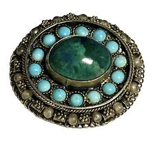 Eilat Stone Turquoise Pendant Brooch Silver Vermeil Pin Middle East Israel 1950s picture