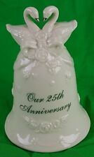 HAPPY 25TH ANNIVERSARY DOUBLE SWAN ROSE PORCELAIN BELL SILVER picture