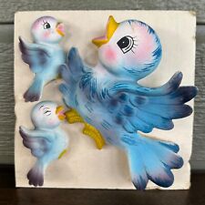 Set Vintage Enesco Chalkware Blue Bird Wall Decor Plaques on Original Card Kitch picture