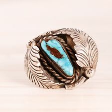OLD PAWN STERLING SILVER BLUE TURQUOISE APPLIED LEAF ROPE BORDER RING SIZE 8 picture