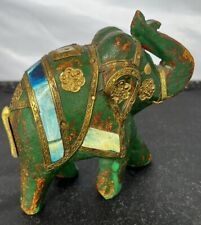 Vintage Green Painted Elephant with Metal Accents Figurine picture