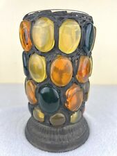 Vintage Mid Century Brutalist Candle Holder Metal Detail And Lucite Stones 7.5” picture