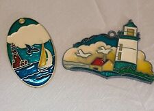 2 Vintage Stained Glass Suncatchers Sailboat Lighthouse  picture
