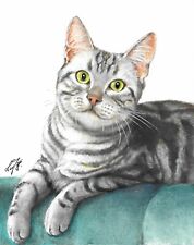 ✪ ORIGINAL Oil Portrait Painting AMERICAN SHORTHAIR SILVER TABBY Signed Cat Art picture