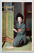 1920's JAPAN GEISHA GIRL STRIPE KIMONO FAN ROOM DIVIDER SCREEN ANTIQUE POSTCARD picture