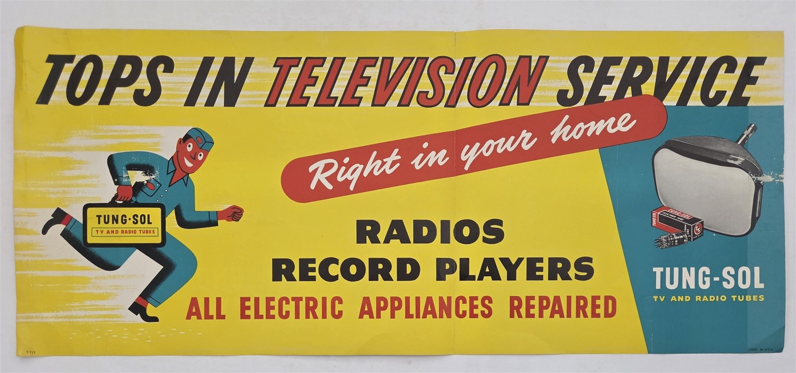 1950s vintage TUNG-SOL TELEVISION SERVICE paper SIGN advertising TV RADIO TUBES