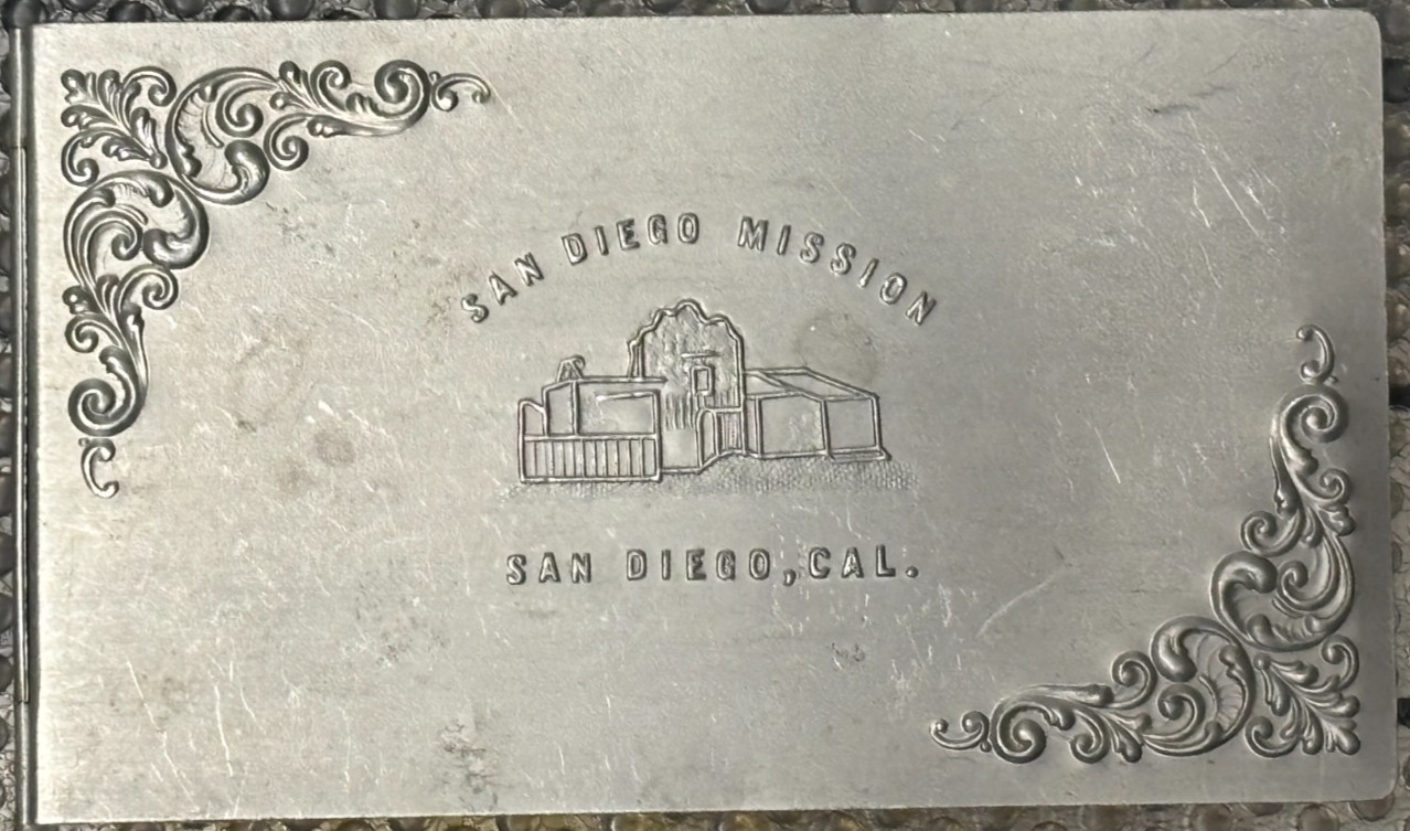 Antique 1901 San Diego Mission Embossed Metal Cover Notepad / Autograph Book