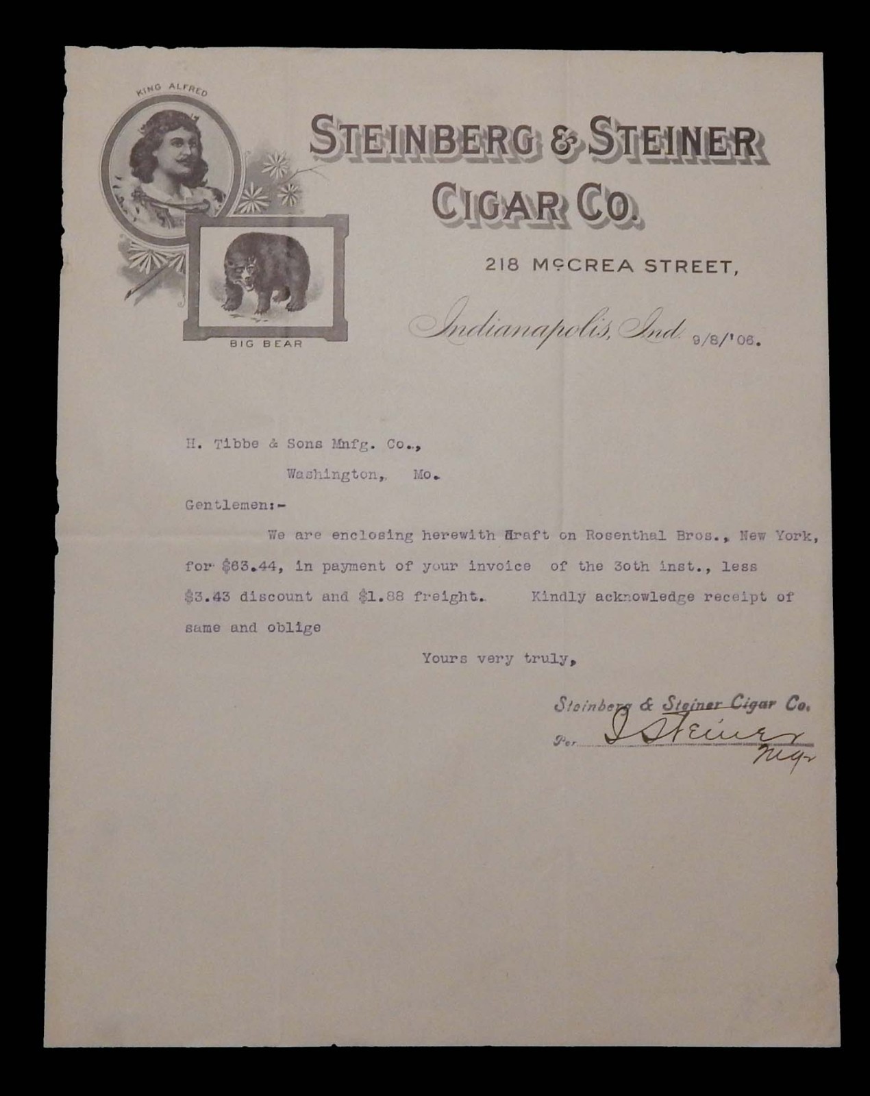 1906 BUSINESS LETTERHEAD STEINBERG & STEINER CIGAR CO INDIANA TIBBE & SON MGF CO 1906 BUSINESS LETTERHEAD STEINBERG & STEINER CIGAR CO INDIANA TIBBE & SON MGF CO