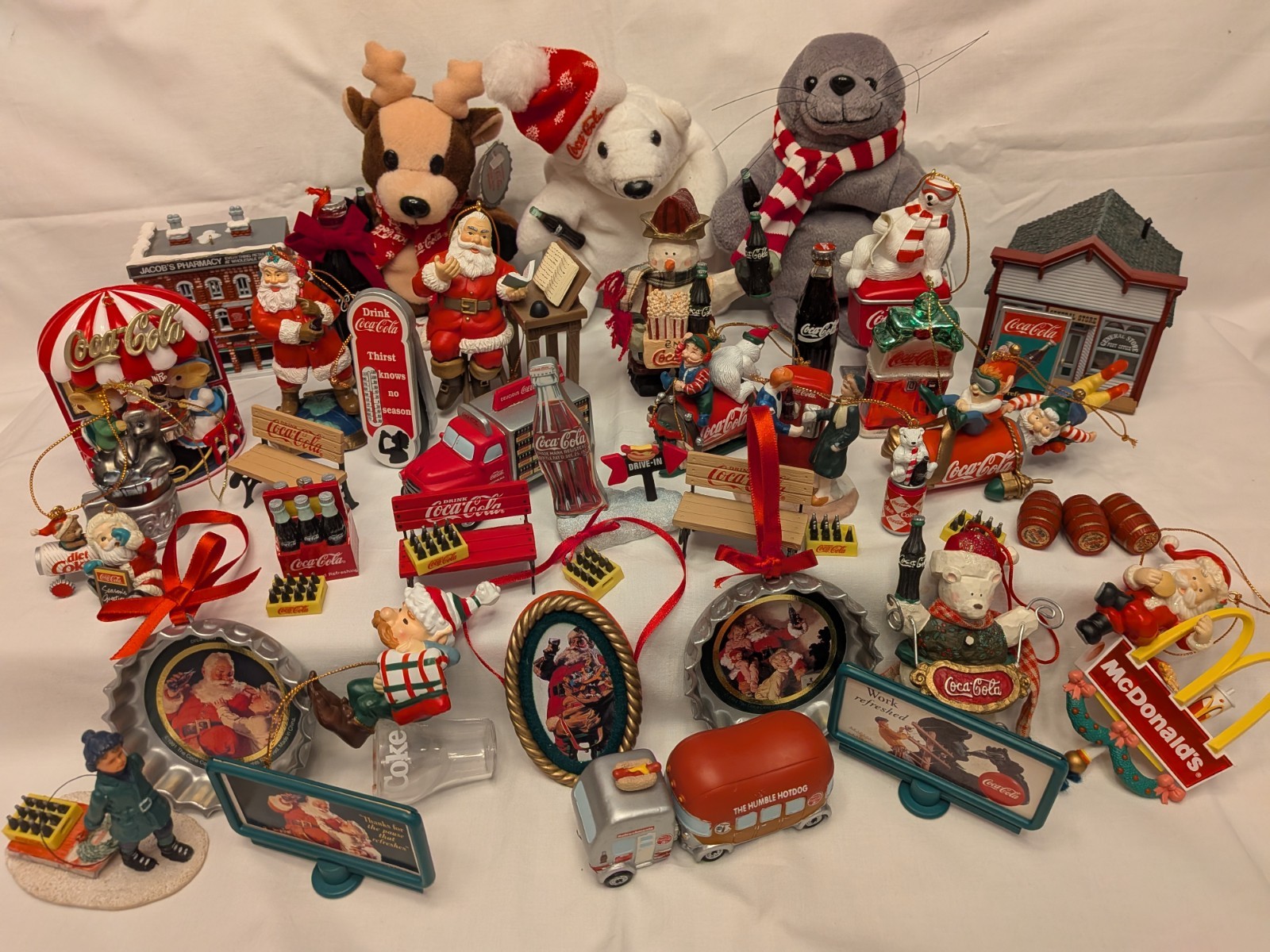 Lot of 46 COCA-COLA Christmas Ornaments Figurines Plush Minis Benches Tablecloth