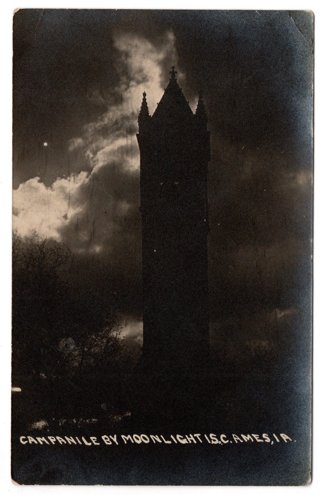 Iowa State University Campanile by Moonlight Real Photo Postcard RPPC 1913 Iowa State University Campanile by Moonlight Real Photo Postcard RPPC 1913