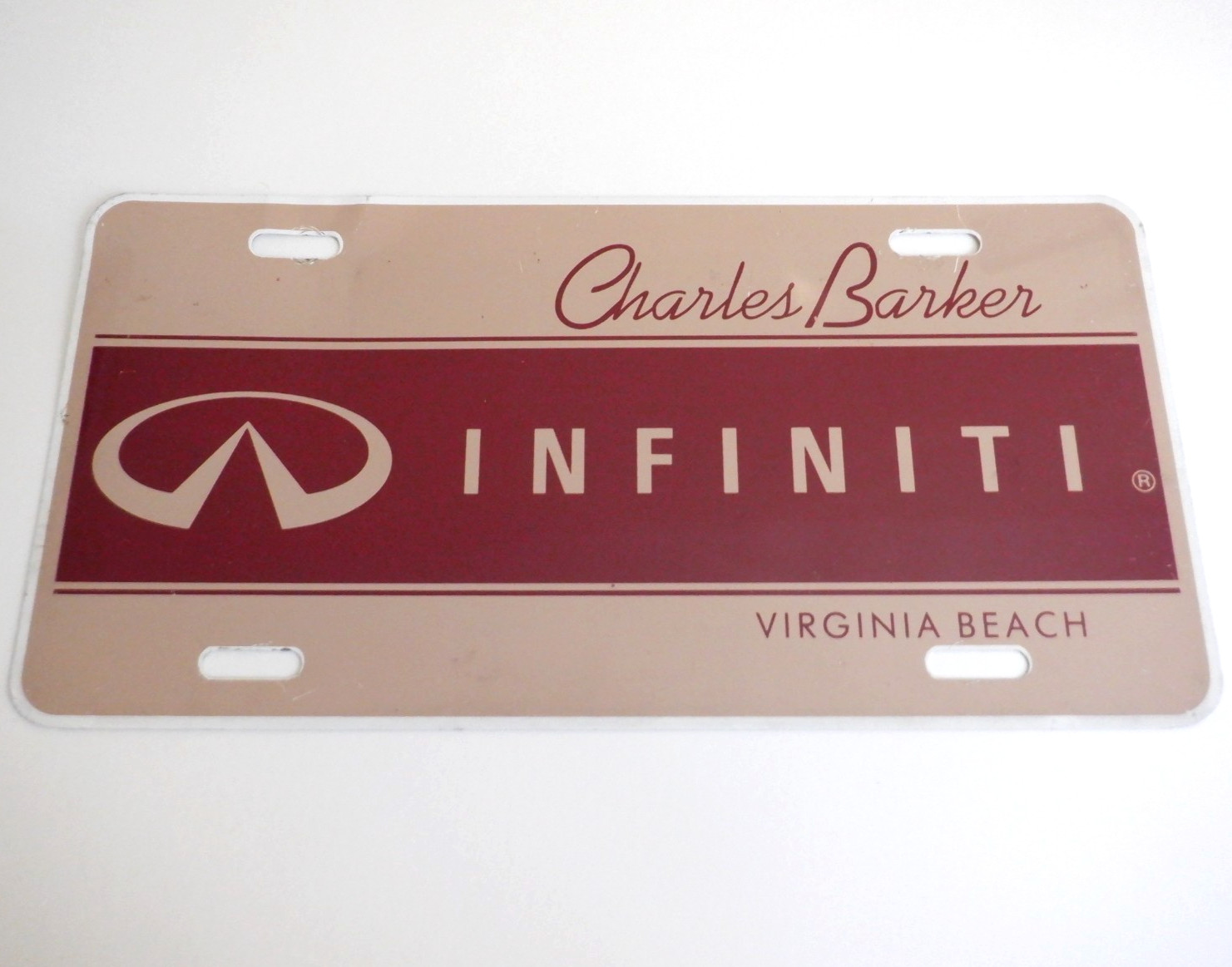 RARE 1990s Charles Barker INFINITI VA BEACH Dealer LICENSE PLATE Nissan Datsun