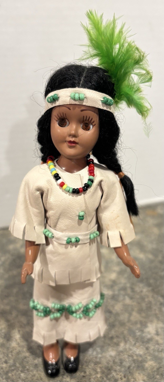 VTG MCM Native American Female Doll Buckskin Dress Beading Sleepy Eyes 7 1/2”