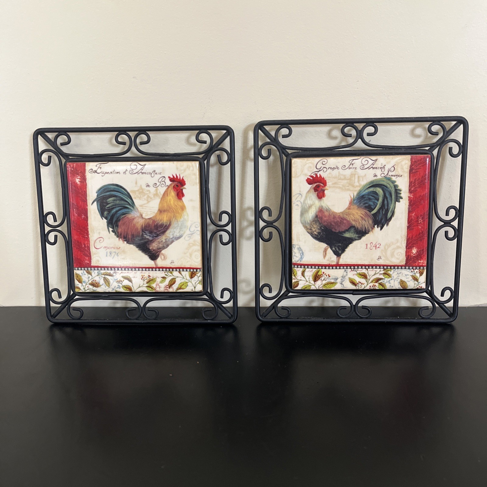 Vintage Rooster Tile Trivet Black Metal Frame Home Decor 6\