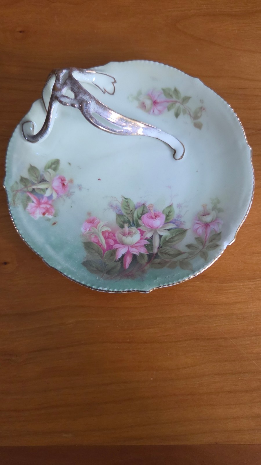 Antique Bavarian Hand Painted Floral BonBon Dish Gold Handle Trinket Candy Dish