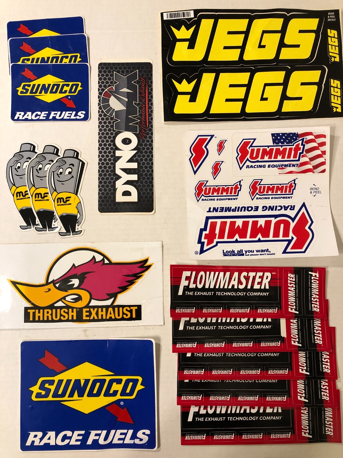 Lot of VTG Racing Bumper Stickers Sunoco Flowmaster Summit Jegs Thrush Decals Lot of VTG Racing Bumper Stickers Sunoco Flowmaster Summit Jegs Thrush Decals
