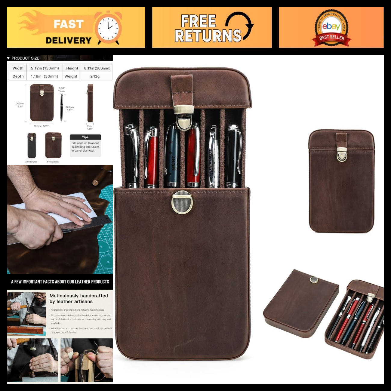 Full Grain Leather 6 Slot Pen Case - Vintage Travel Holder for Fountain Pens & P