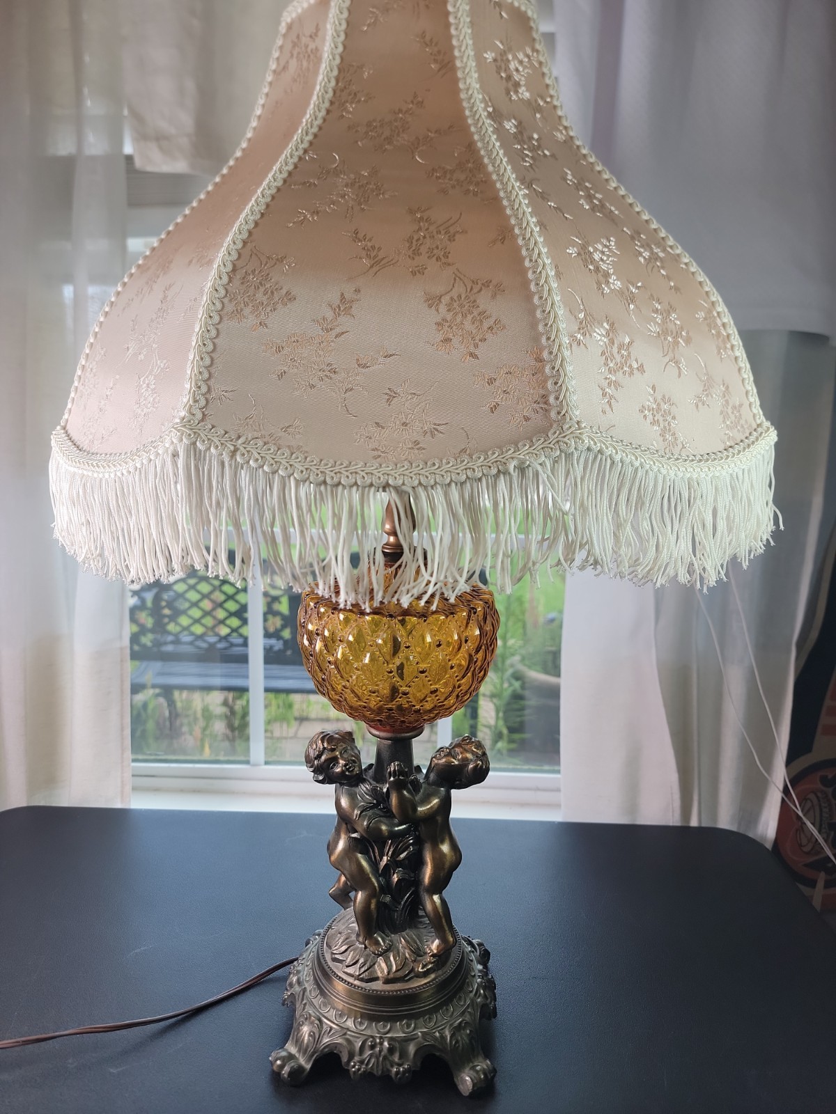VTG 1960s Antique CHERUB Table LAMP Brass Fringe Shade Large WORKS VTG 1960s Antique CHERUB Table LAMP Brass Fringe Shade Large WORKS