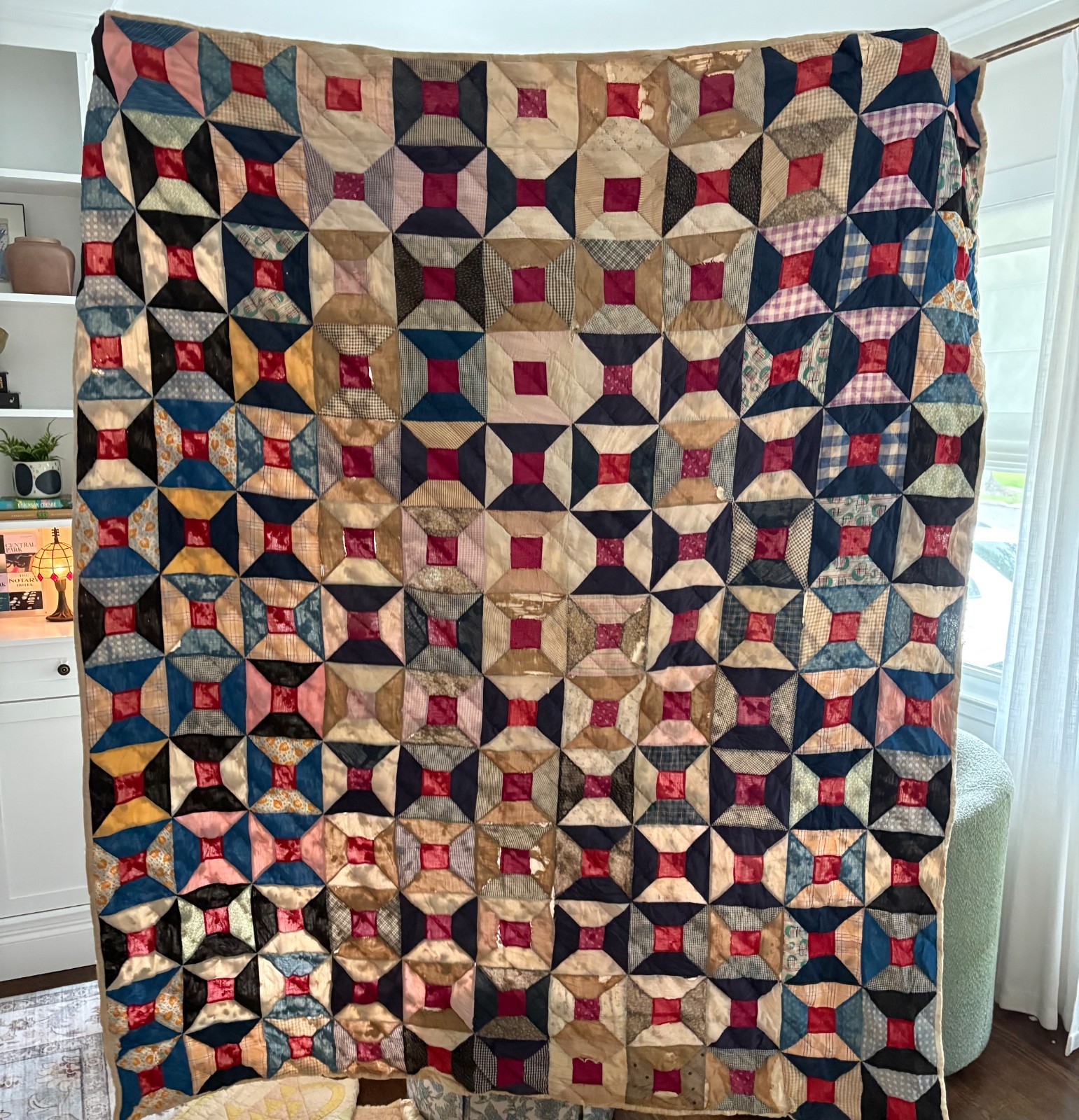 Vintage Antique Patchwork Quilt Rocky Road to Kansas Pattern Scrappy Hand Pieced