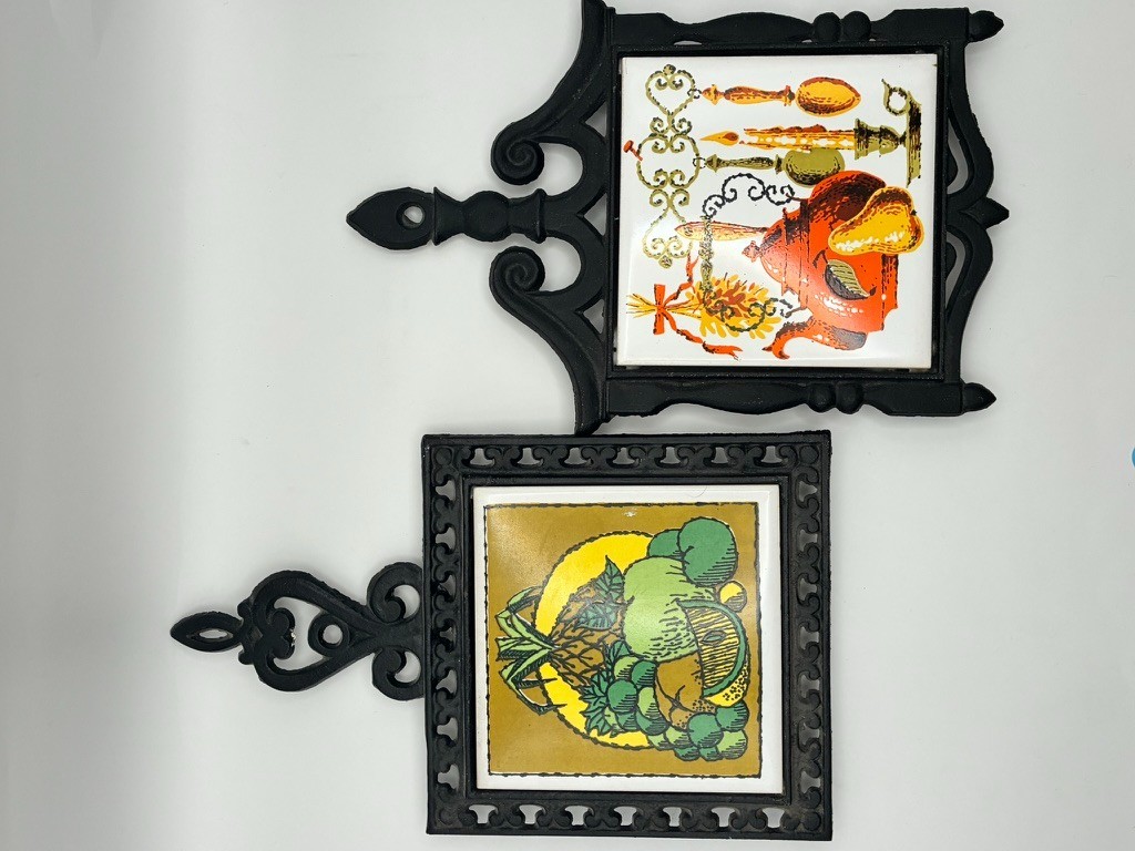 Vintage 70s Fruit Ceramic Tile Trivet Cast Iron Frame Japan FM Retro Kitchen Vintage 70s Fruit Ceramic Tile Trivet Cast Iron Frame Japan FM Retro Kitchen