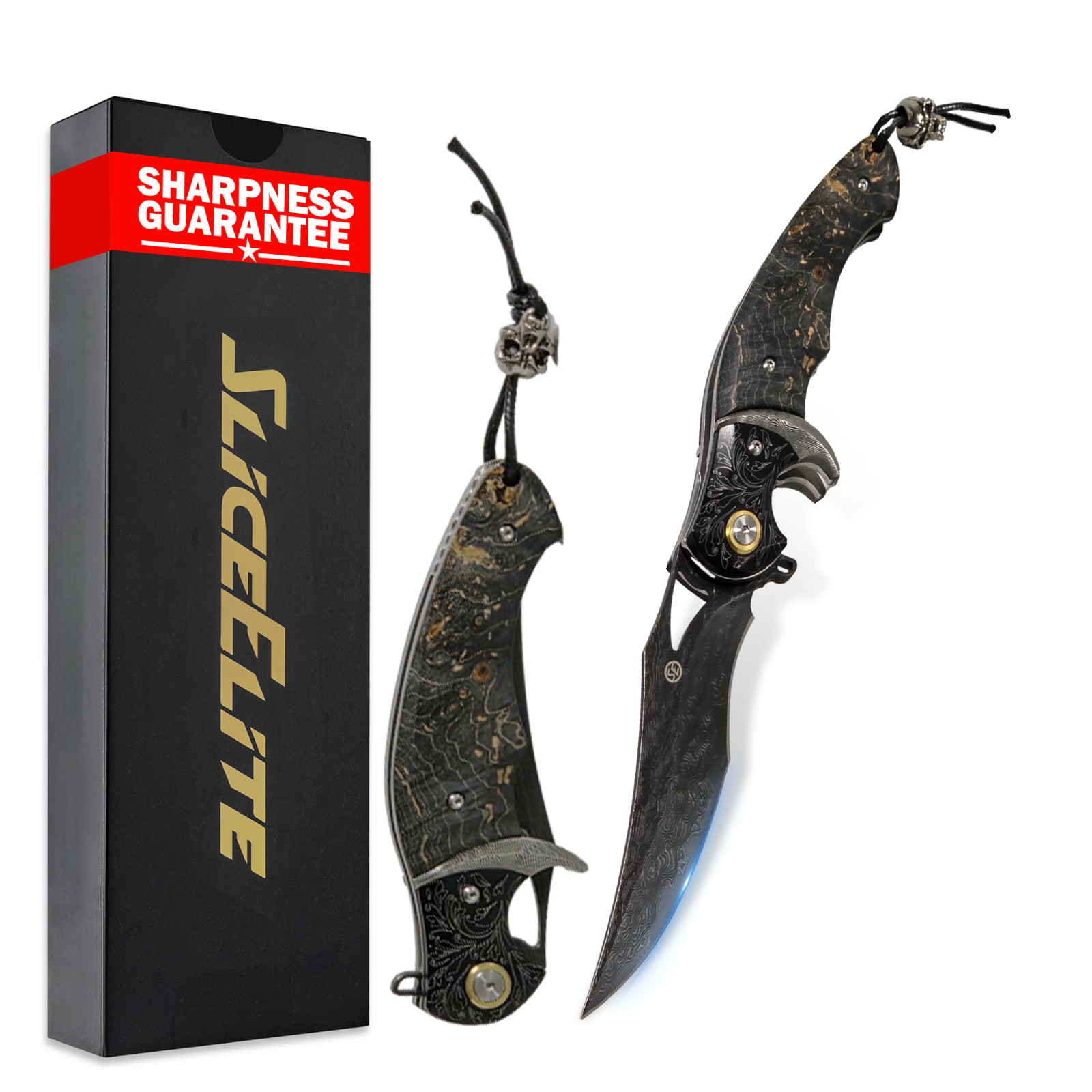 SliceElite Black Lotus VG10 Damascus Folding Knife Maple Burl Wood Handle
