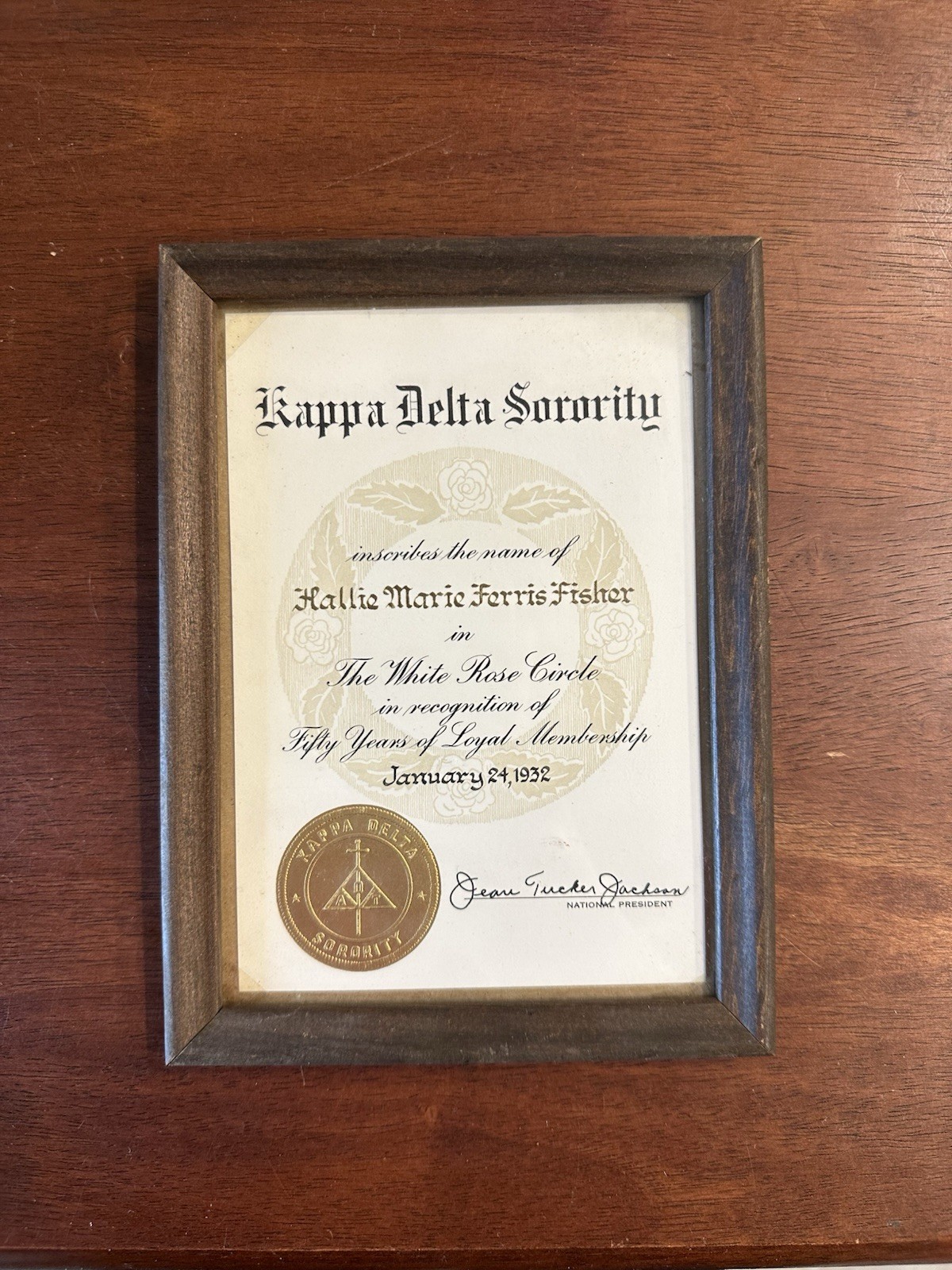 Vintage Kappa Delta Sorority White Rose Circle Award Jean Tucker Jackson 1980s Vintage Kappa Delta Sorority White Rose Circle Award Jean Tucker Jackson 1980s