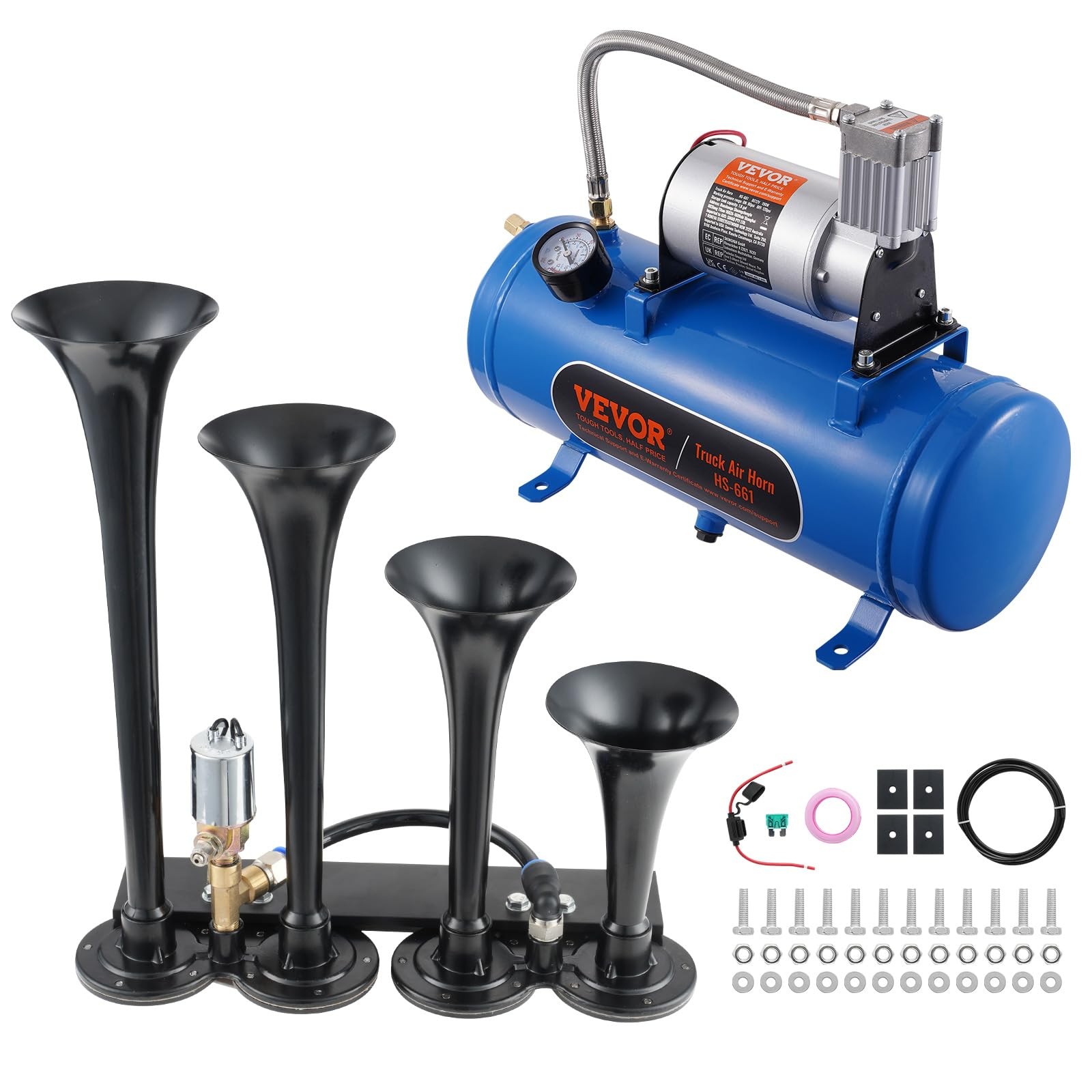 VEVOR 4 Trumpet Air Horn Kit, 150dB Train Horns for Pickup Trucks, 12V 120 psi A VEVOR 4 Trumpet Air Horn Kit, 150dB Train Horns for Pickup Trucks, 12V 120 psi A